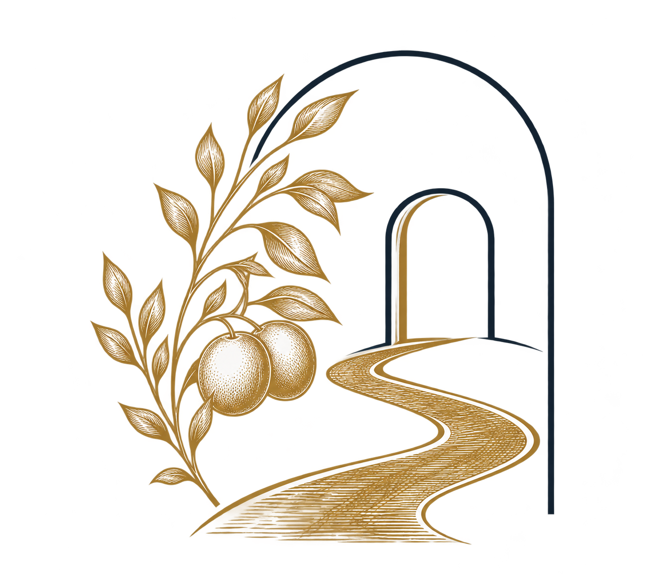 Arched doorway, winding path, and fruit-bearing branch